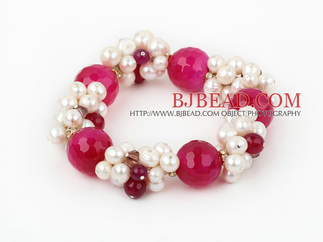 Assorted White Freshwater Pearl and Big Hot Pink Agate Stretch Bracelet