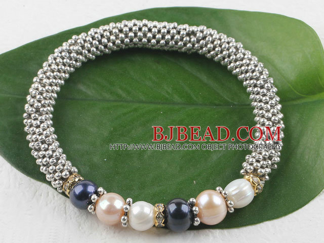 real pearl and tibet silver stretchy bangle