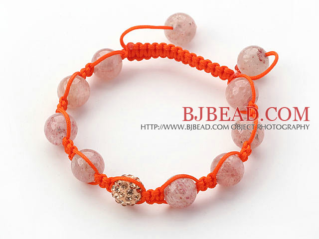 Pink Series 10mm Round Strawberry Quartz and Rhinestone Beads Adjustable Drawstring Bracelet