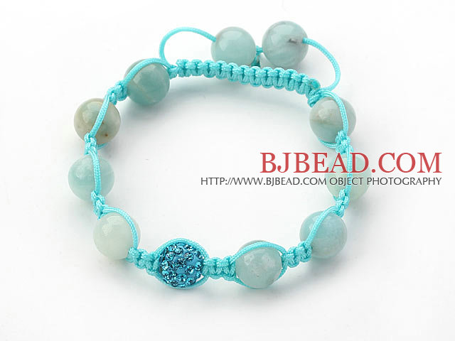 Cool Series 10mm Round Amazon Stone and Rhinestone Beads Adjustable Drawstring Bracelet