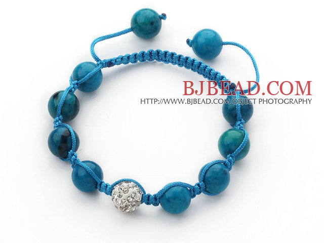 Lake Blue Series 10mm Round Blue Spider Stone and White Rhinestone Beads Adjustable Drawstring Bracelet