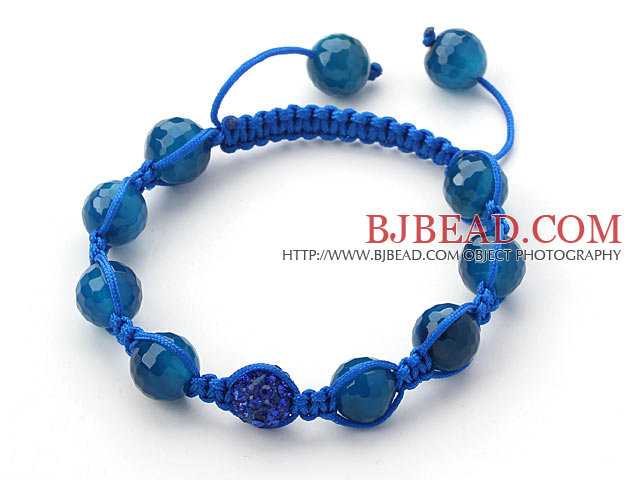 Dark Blue Series 10mm Round Dark Blue Facted Agate Stone and Rhinestone Beads Adjustable Drawstring Bracelet