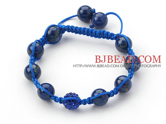 Dark Blue Series 10mm Round Lapis Stone and Rhinestone Beads Adjustable Drawstring Bracelet
