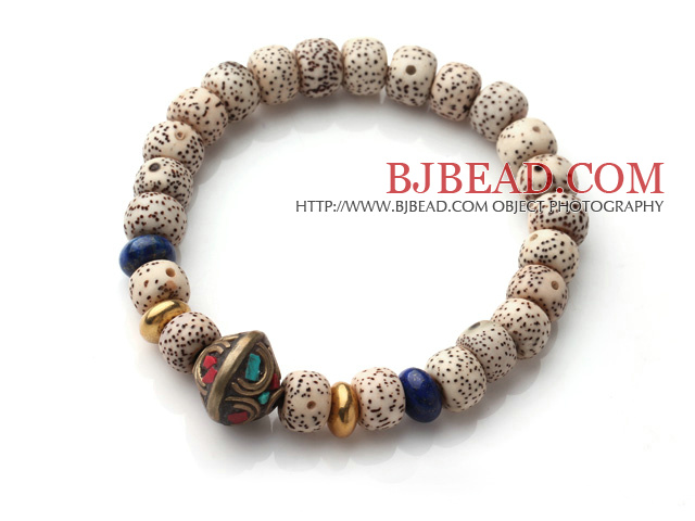 Vintage Style Single Strand Leaves the Bodhi Lapis Copper Beads Elastic Bracelet