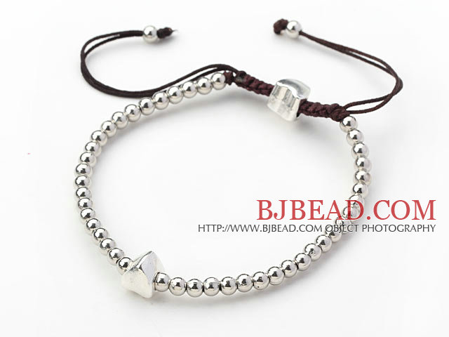Round Metal Beads Woven Adjustable Drawstring Bracelet with Brown Thread