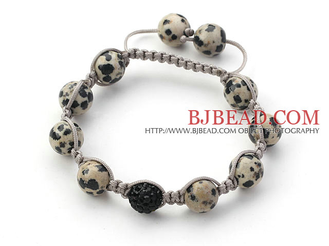Gray Series 10mm Round Spots Stone and Rhinestone Beads Adjustable Drawstring Bracelet