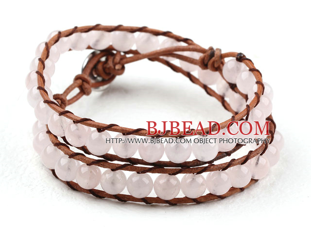 Two Rows Round Rose Quartz Beads Woven Wrap Bangle Bracelet with Metal Clasp