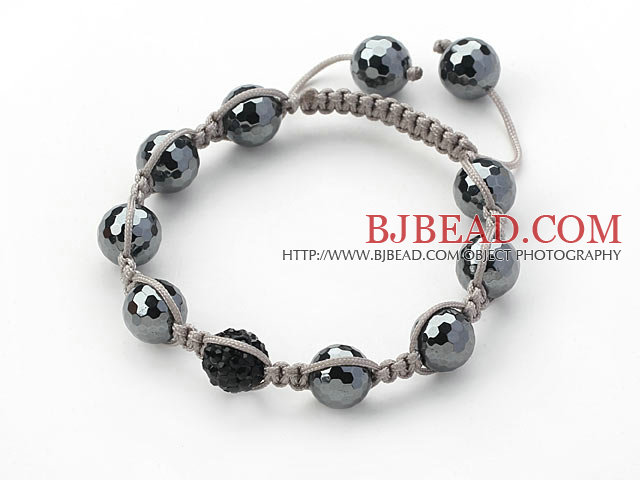 Black Series 10mm Round Tungsten Steel Stone and Rhinestone Beads Adjustable Drawstring Bracelet