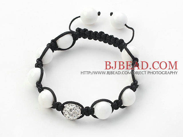 White Series 10mm Round White Porcelain Stone and Rhinestone Beads Adjustable Drawstring Bracelet