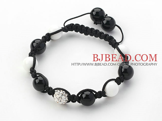 Black Series 10mm Round Black Agate and White Porcelain Stone and Rhinestone Beads Adjustable Drawstring Bracelet