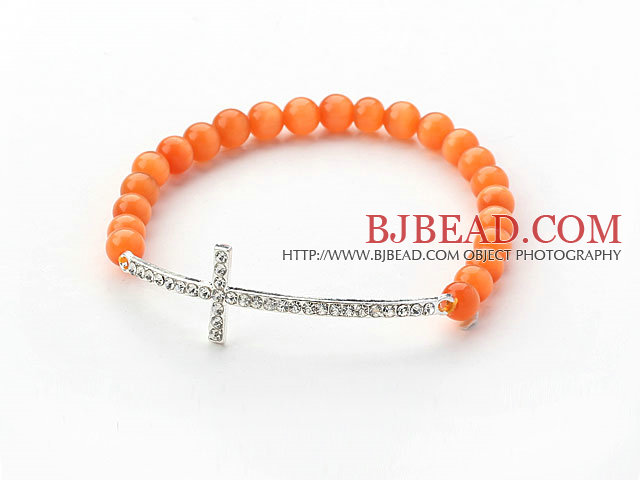 Orange Series Orange Cats Eye and Sideway/Side Way White Rhinestone Cross Stretch Bracelet