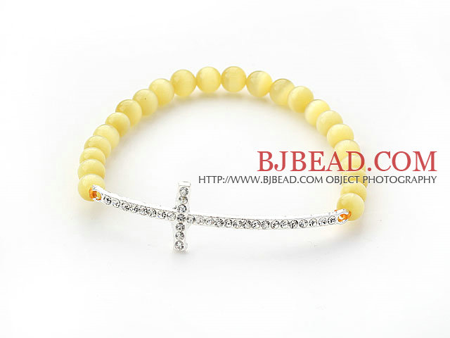 Yellow Series Yellow Cats Eye and Sideway/Side Way White Rhinestone Cross Stretch Bracelet