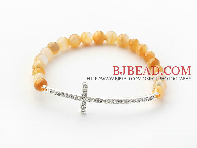 Golden Series Golden Color Mother of Pearl and Sideway/Side Way White Rhinestone Cross Stretch Bracelet