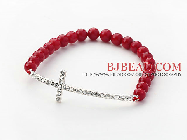 Red Series 6mm Red Coral Beads and Sideway/Side Way White Rhinestone Cross Stretch Bracelet