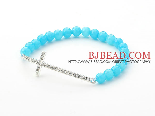 Lake Blue Series 6mm Lake Blue Jade and Sideway/Side Way White Rhinestone Cross Stretch Bracelet