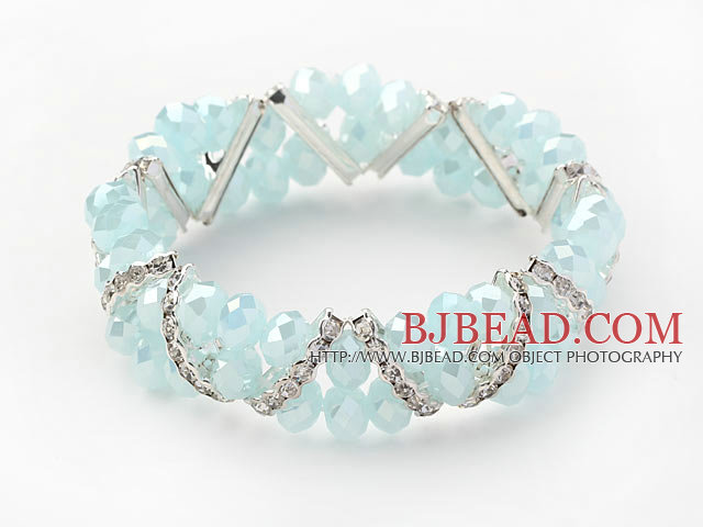 Two Rows Sky Blue Jade Crystal Stretch Bangle Bracelet with Rhinestone