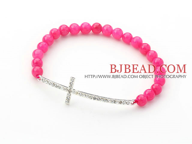 Hot Pink Series 6mm Hot Pink Jade and Sideway/Side Way White Rhinestone Cross Stretch Bracelet