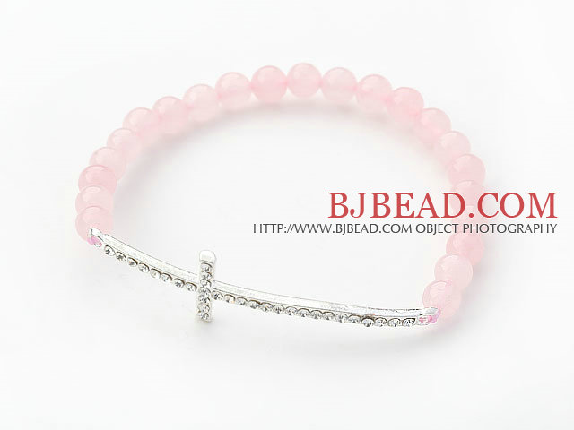 Pink Series 6mm Rose Quartz and Sideway/Side Way White Rhinestone Cross Stretch Bracelet