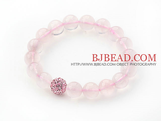 Pink Series 10mm Round Madagascar Rose Quartz and Rhinestone Beaded Stretch Bracelet