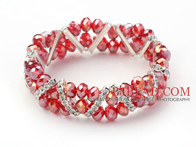 Two Rows Red Jade Crystal Stretch Bangle Bracelet with Rhinestone
