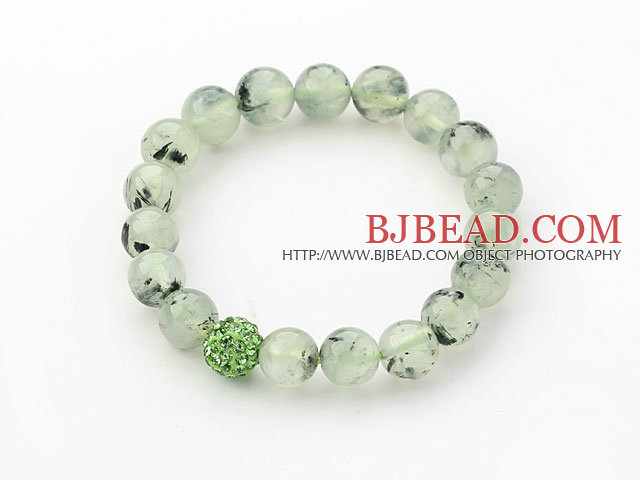 Green Series 10mm Round Prehnite and Rhinestone Beads Adjustable Drawstring Bracelet