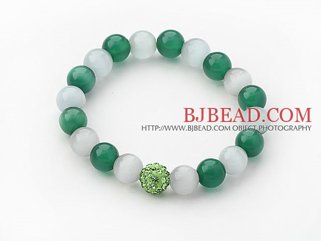 10mm Green and Gray Color Cats Eye and Rhinestone Beaded Stretch Bracelet