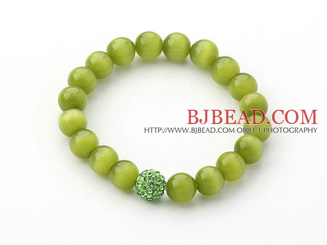 10mm Grass Green Color Cats Eye and Rhinestone Beaded Stretch Bracelet