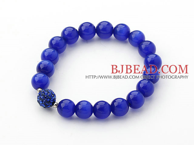 10mm Dark Blue Color Cats Eye and Rhinestone Beaded Stretch Bracelet