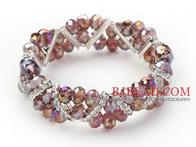 Two Rows Light Purple Jade Crystal Stretch Bangle Bracelet with Rhinestone