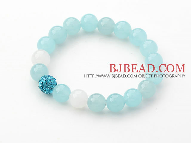 Light Blue Series 10mm Light Blue Jade and Rhinestone Beaded Stretch Bracelet
