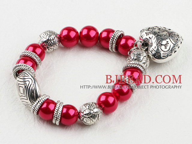 red acrylic pearl elastic bracelet with heart charms