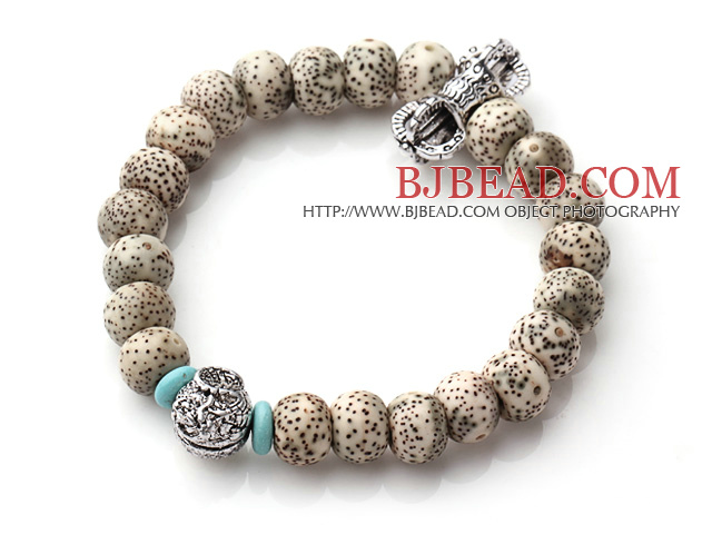 Vintage Style Single Strand Leaves the Bodhi Beads Elastic Bracelet with amulet charms