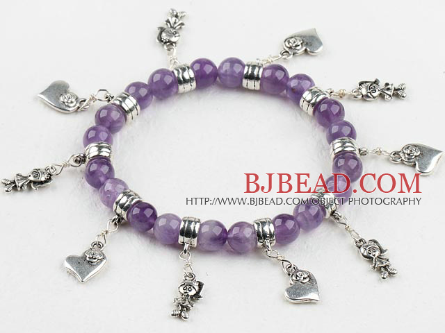 8mm faceted natural amethyst elastic bracelet with heart charms