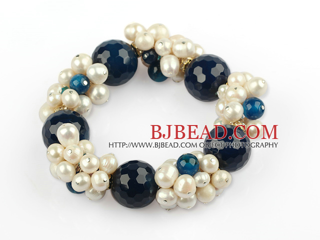 White Freshwater Pearl and Faceted Blue Agate Stretch Bangle Bracelet