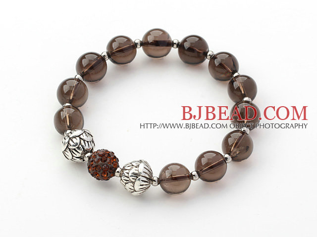Brown Series 10mm Natural Smoky Quartz and Lotus Beads and Rhinestone Beaded Stretch Bracelet