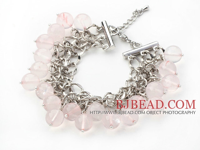 Pink Color 10mm Round Rose Quartz Bracelet with Metal Chain