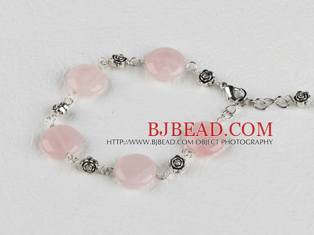 flat round rose quartz bracelet with adjustable chain