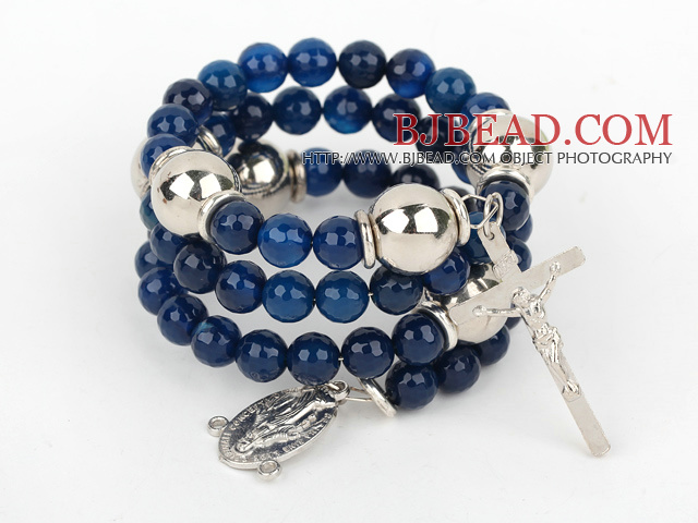 20.5 inches 8mm faceted blue agate bangle bracelet with cross charm