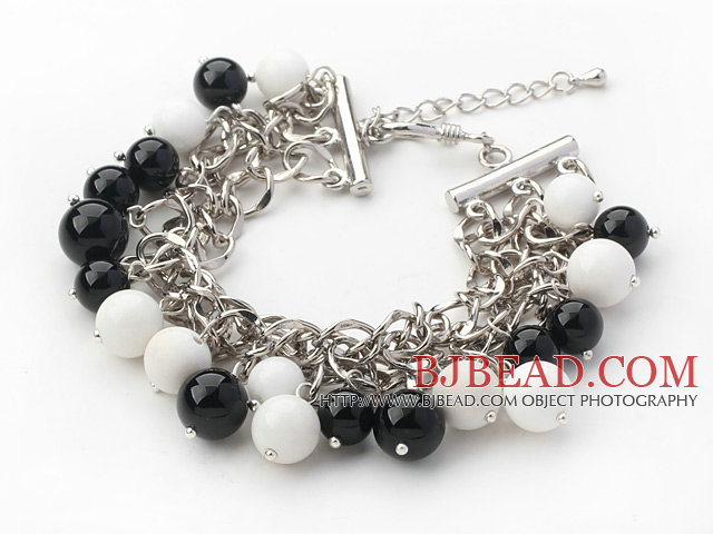 Black Series Round Black Agate and White Porcelain Stone Bracelet with Metal Chain