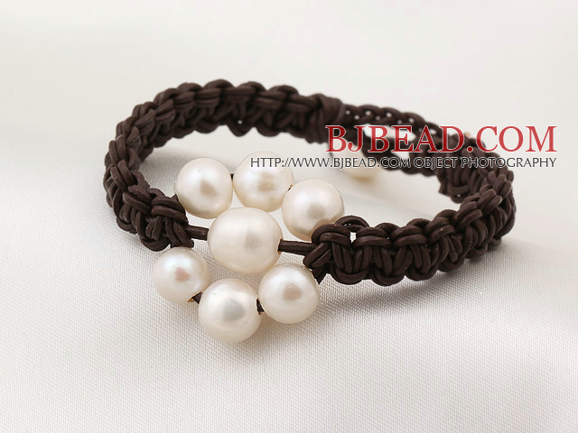 Delicate Popular Natural White Freshwater Pearl Hand-knitted Leather Bracelet