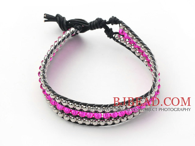 Hot Pink Crystal and Silver Color Beads Woven Bracelet with Black Leather Cord