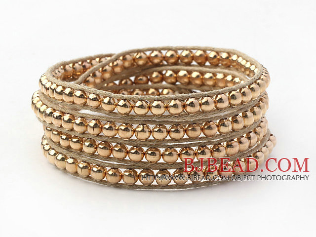 Fashion Style Golden Color Round Copper Beads Woven Wrap Bangle Bracelet with Gray Wax Thread