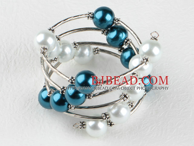 7.5 inches white and blue 12mm shell beads bangle bracelet