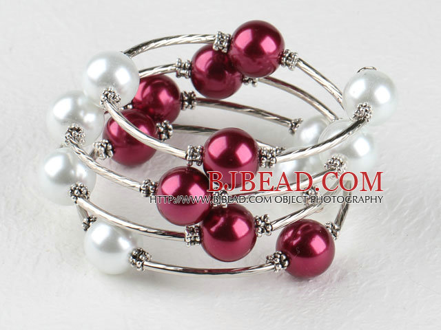 7.5 inches white and purple 12mm shell beads bangle bracelet