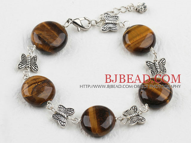 14mm tiger's eye tibet silver beaded bracelet with lobster clasp