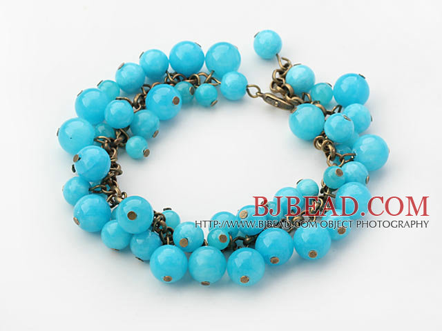 Round Blue Candy Jade Bracelet with Metal Chain
