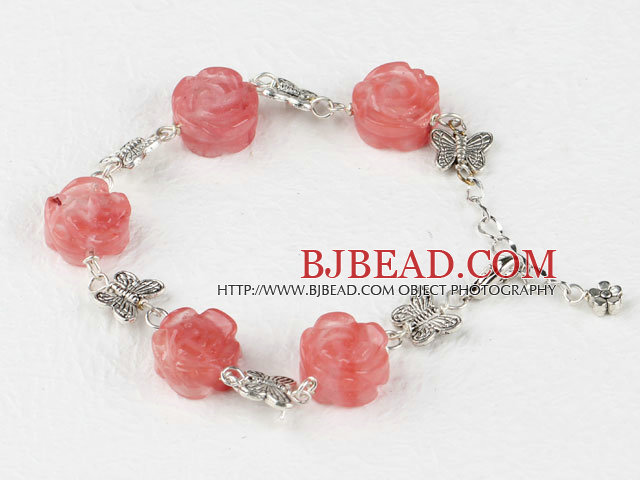 cherry quartze carved flower tibet silver butterfly bracelet with extendable chain