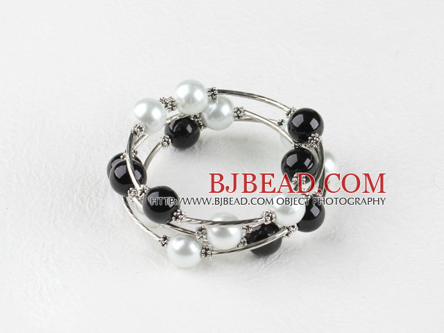 7.5 inches black and white 12mm shell beads bangle wrap bracelet