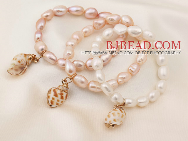 3 pcs Beautiful Multi Color Baroque Freshwater Pearl Bracelets with Shell Accessory