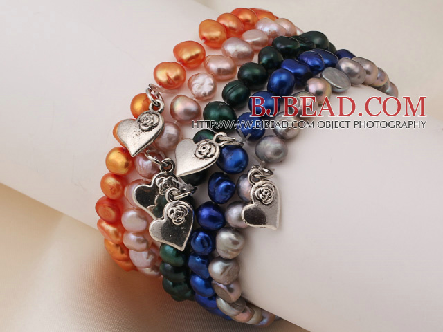 5 pcs Nice Single Strand Patato Shape Multi Color Pearl Bracelet with Heart Accessory